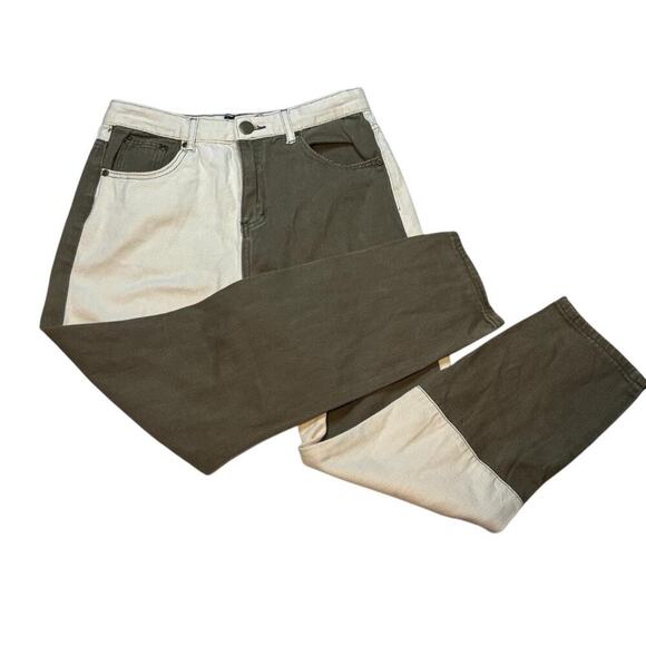 Two-Tone High-Waisted Straight-Leg Jeans in Olive Green and Beige - Picture 3 of 7